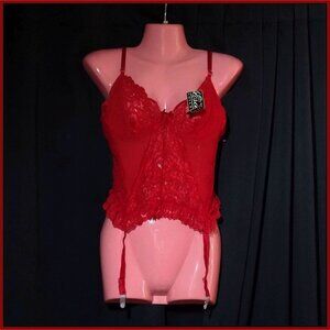 New Size L Vintage Red Lace Bustier with Garter Straps
